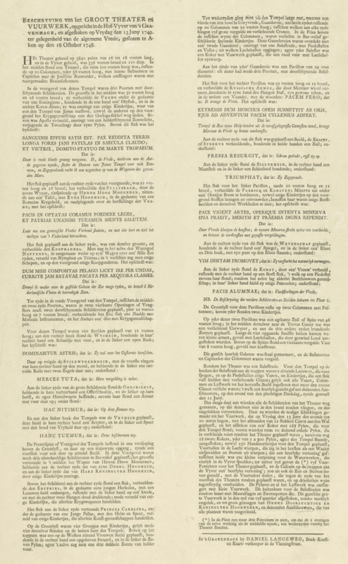 Description of the Grand Theatre and Fireworks, erected in the Hofvyver of The Hague, Text sheet with a description of the print of the illumination of the theatre in The Hague for the Peace of Aix-la-Chapelle, 1749, text sheet, Text sheet with a printed description of the illumination and fireworks on the grand theatre erected in the Hofvijver in The Hague on June 11 and 13, 1749 in honor of the Peace of Aix-la-Chapelle concluded in 1748. Text in two columns., publisher: Daniel Joannes Langeweg, The Hague, paper, letterpress printing, text in letterpress, height 520 mm x width 357 mm, Peace of Aix-la-Chapelle (1748), Period, 1748-10-18, 1749-06-11 - 1749-06-13, Aged, off-white paper printed with dense columns of small serif text arranged in two main vertical columns and narrower side columns, with varying paragraph widths and occasional short centered lines; the top left contains a larger bolded heading area and the bottom center shows a small line of emphasized type; the paper exhibi...
