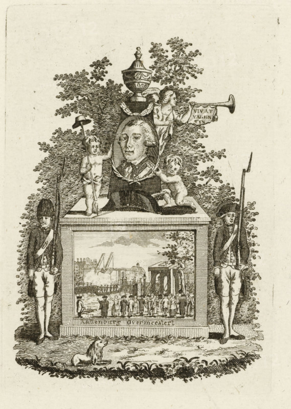 Monument to Abraham Valentijn and the Conquest of Kattenburg, 1787, print, Allegory with a depiction on a pedestal of the conquest of Kattenburg from the rebellious Orangists by the armed Amsterdam citizens on May 30, 1787. On the monument a small portrait of Colonel Abraham Valentijn who led this action, with engineers, the Faam and two soldiers on guard., printmaker, Northern Netherlands, paper, etching, engraving, height 125 mm x width 85 mm, Person, Abraham Valentijn, battle (citizen soldiery, civil guard, citizen militia), Kattenburg Uprising, Amsterdam, Kattenburgerbrug, Period, 1787-05-30, An engraved scene shows a sculpted plinth topped by a framed portrait medallion flanked by two cherubic figures and crowned with an urn; a figure to the right of the urn blows a long trumpet with a small banner, while one cherub holds a pole with a hat and the other rests a hand on the lower edge of the medallion; two uniformed soldiers stand at attention on either side of the plinth, each hol...