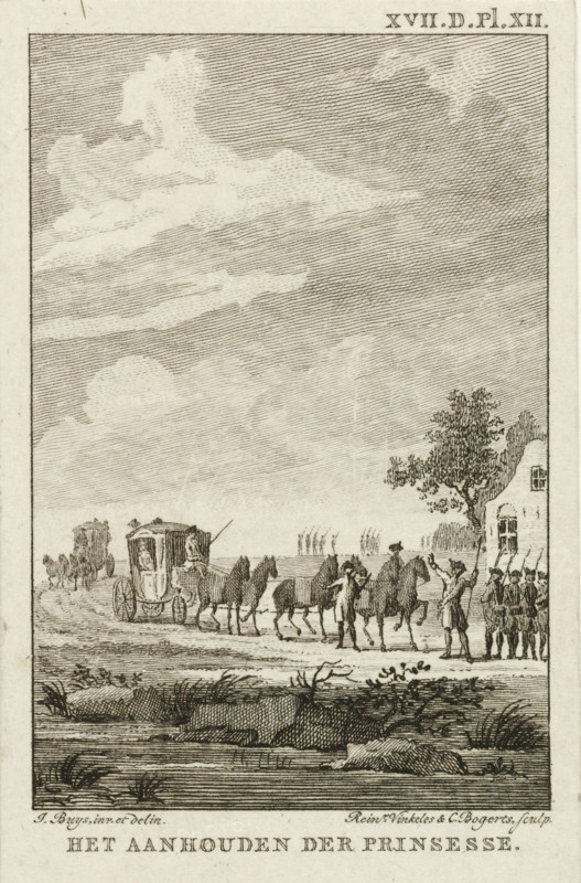 Arrest of the Princess at Goejanverwellesluis, 1787, The arrest of the princess, print, Arrest of the carriage with Princess Wilhelmina of Prussia by an exercise society at Goejanverwellesluis, June 28, 1787. Marked top right: XVII.D.Pl.XII., printmaker: Reinier Vinkeles (I), Northern Netherlands, printmaker: Cornelis Bogerts, after drawing by Jacobus Buys, 1787 - 1795, paper, etching, height 96 mm x width 61 mm, Used as illustration in: J. Fokke, Histories of the United Netherlands for the Fatherland Youth, Johannes Allart, Amsterdam 1783-1795, 25 volumes, vol. 17, pl. 12., Person, Wilhelmina of Prussia (1751-1820), arrest (of criminal), Arrest of Princess Wilhelmina at Goejanverwellesluis, Goejanverwellesluis, Period, 1787-06-28, A tall rectangular engraving showing a wide sky with layered, hatched clouds above a flat landscape; near the horizon a long carriage pulled by several horses moves left to right with a driver perched on it and a standing figure nearby; to the right a group ...