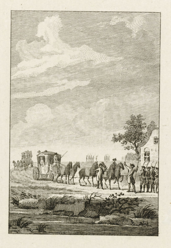 Arrest of the Princess at Goejanverwellesluis, 1787, print, Arrest of the carriage with Princess Wilhelmina of Prussia by a militia at Goejanverwellesluis, June 28, 1787., printmaker: Reinier Vinkeles (I), Northern Netherlands, printmaker: Cornelis Bogerts, after drawing by Jacobus Buys, 1787 - 1795, paper, etching, proof print before the letter, height 123 mm x width 89 mm, Used as illustration in: J. Fokke, Geschiedenissen der Vereenigde Nederlanden voor de vaderlandsche jeugd, Johannes Allart, Amsterdam 1783-1795, 25 delen, vol. 17, pl. 12., Person, Wilhelmina of Prussia (1751-1820), arrest (of criminal), Arrest of Princess Wilhelmina at Goejanverwellesluis, Goejanverwellesluis, Period, 1787-06-28, A vertical etched scene showing a wide sky with fine horizontal shading and a few lighter cloud shapes, a distant horizon line with small upright shapes, and a foreground road with a horse-drawn covered carriage, multiple horses in harness, and several human figures around the animals; to...