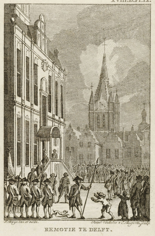 Remotion in Delft, 1787, print, View of the town hall in Delft occupied by patriots demanding the replacement of the eleven council members, August 21, 1787. Marked at the top: XVIII.D.Pl.IX., printmaker: Reinier Vinkeles (I), Northern Netherlands, printmaker: Cornelis Bogerts, after drawing by Jacobus Buys, 1787 - 1795, paper, etching, engraving, etching and engraving, height 95 mm x width 61 mm, Used as an illustration in: J. Fokke, Geschiedenissen der Vereenigde Nederlanden voor de vaderlandsche jeugd, Johannes Allart, Amsterdam 1783-1795, 25 volumes, vol. 18, pl. 9., occupation, war (citizen soldiery, civil guard, citizen militia), Patriot Era (1780-1795), Delft, City Hall (Delft), Period, 1787-08-21, A detailed engraved street scene shows a tall multi-story building on the left with many tall, narrow windows, decorative molding, and a small awning over an entrance reached by steps where a few figures stand; in the foreground and extending into the middle distance a formation of un...