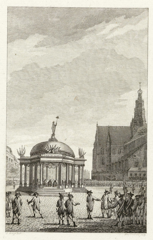Swearing-in of the government regulations in Haarlem, 1787, print, Solemn ceremony with the swearing-in of the new government regulations in a temple erected on the Grote Markt in Haarlem, September 5, 1787. Militias are lined up around the square., printmaker: Reinier Vinkeles (I), Northern Netherlands, after drawing by Jacobus Buys, 1795, paper, etching, engraving, etching and engraving, proof print before the letter, height 218 mm x width 155 mm, Used as illustration in: PA Loosjes. Vaderlandsche historie, vervattende de geschiedenissen, der Vereenigde Nederlanden, Ten onmiddelyken vervolge van Wagenaar's Vaderlandsche historie. Amsterdam: Johannes Allart, vol. 15, warfare, military affairs (citizen soldiery, civil guard, citizen militia), proclamation of new government, Patriot Period (1780-1795), Haarlem, St. Bavo Church (Haarlem), Grote Markt (Haarlem), Period, 1787-09-05, A large domed pavilion with columns stands on a stepped base in an open paved square, topped by a statue hol...
