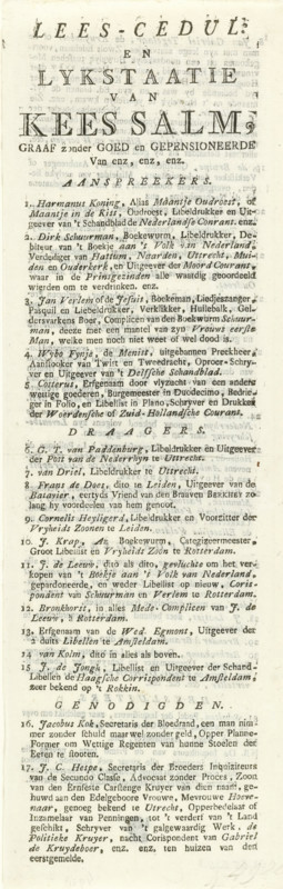 Name list accompanying the print depicting the funeral of a dead salmon, 1787, Reading Record and Funeral Record of Kees Salm, text sheet, Text sheet with a list of the names of the persons indicated by the numbers 1-32 in the funeral procession in the caricature of the Count of Salm. Printed on both sides., publisher: anonymous, Northern Netherlands, paper, letterpress printing, text in letterpress, height 305 mm x width 98 mm, Person, Count of Salm Frederik III, Patriots flee Utrecht, Period, 1787-09 - 1787-10, The image shows an aged printed page with dense, justified text in a serif typeface, including several larger bold headings near the top and smaller body text below; the paper has a slightly yellowed tone with faint foxing and darker edges, and the ink shows variations in darkness and occasional smudging; there are decorative flourishes and varied type sizes creating emphasis in certain lines, with even margins on both sides and narrow spacing between paragraphs; the overall l...