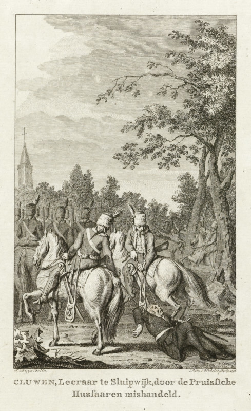 Cluwen, Pastor in Sluipwijk, mistreated by Prussian Hussars, Mistreatment of Reverend Cluwen in Sluipwijk, print, historical print, Mistreatment of a patriotic minister named Cluwen by Prussian hussars, in Sluipwijk (near Goejanverwellesluis) on September 19, 1787. Two Prussian horsemen drag the minister by ropes behind their horses to Gouda., printmaker: Reinier Vinkeles (I), Northern Netherlands, after drawing by Jacobus Buys, 1796, paper, etching, engraving, etching and engraving, height 235 mm x width 155 mm, Used as illustration in: PA Loosjes. Patriotic history, containing the histories of the United Netherlands, in the immediate continuation of Wagenaar's Patriotic history. Amsterdam: Johannes Allart, vol. 17., soldiers and civilians, Prussian invasion of the Republic, Sluipwijk, Period, 1787-09-19, A detailed black and white engraving shows a wooded outdoor scene with tall trees on the right and distant foliage in the background, a church steeple visible far left. In the foregr...
