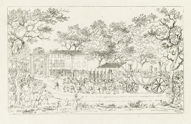 Welcome of the Princess of Orange and the children, 1787, print, Welcome of the Princess of Orange and the children by the citizenry in The Hague, September 24, 1787. The open carriage with the royal family is being pulled by men and women along the road to the Boschbrug. With pendant., printmaker: Mathias de Sallieth, Northern Netherlands, after drawing by Maria Margaretha la Fargue, paper, etching, etching print, proof of the unfinished plate before the letter, height 124 mm x width 198 mm, Used as an illustration in: De Haagsche princelyke en Koninglyke almanach, for the leap year 1788. Johannes François Jacobs d'Agé: The Hague, 1788., Person, Wilhelmina of Prussia (1751-1820), public festivities at other royal events, not meant or mentioned above, human being(s) drawing or pushing a vehicle not usually propelled by manpower, Restoration of stadtholder Willem V (1787), political history, The Hague, Period, 1787-09-24, A wide ink drawing shows a wooded outdoor scene with many trees f...