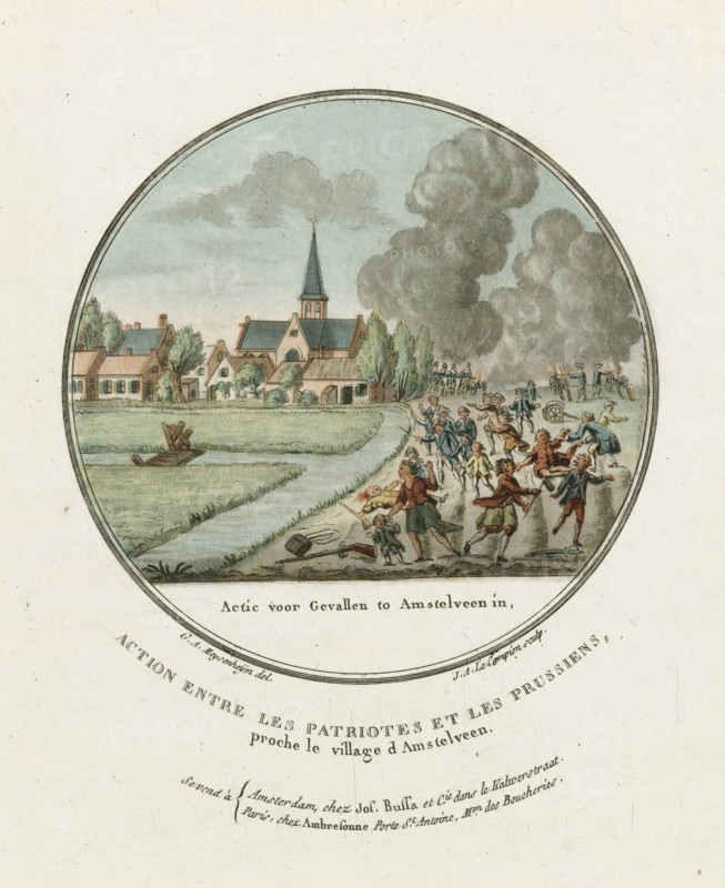 Attack on Amstelveen, 1787, Action for Fallen to Amstelveen in, Action between the Patriots and the Prussians, near the village of Amstelveen, French plates of the Prussian attacks near Amsterdam in 1787, print, Attack on the city of Amstelveen by the Prussian troops, October 1, 1787. Residents flee from the city. Part of a series of four French representations of the Prussian attacks around Amsterdam, in round medallions., printmaker: Joseph-Alexandre Le Campion, France, after drawing by GA Meysenheym, publisher: Buffa et Compagnie, Jos., Amsterdam, publisher: Ambresonne, Paris, 1787 - 1790, paper, etching, aquatint, à la poupée, hand coloring, etching en aquatint à la poupée, hand colored, height 195 mm x width 158 mm, (military) attack, Prussian invasion of the Republic, Amstelveen, Period, 1787-10-01, A circular watercolor scene shows a village with a row of houses and a church with a tall steeple near the center left, surrounded by trees and low hedges; a grassy field and a narrow...
