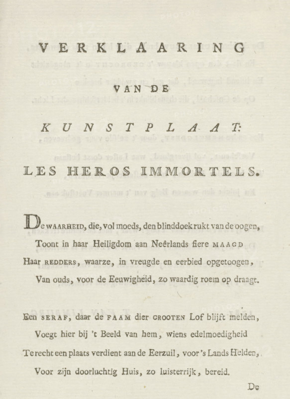Explanation of the art plate: Les Heros Immortels, Explanation in verse form accompanying the print: Immortal heroes, 1787, text sheet, Text sheet with an explanation in verse form of the representation of the print with the allegory on the restoration of Stadtholder William V in 1787. Folded sheet with five couplets., writer (clerical worker): Thomas van Limburg, Northern Netherlands, writer (clerical worker), paper, letterpress printing, text in letterpress, height 217 mm x width 142 mm, Person, William V (Prince of Orange-Nassau), Restoration of Stadtholder William V (1787), Period, A cream-colored sheet with printed lines and blocks of dark serif type set in varying sizes, arranged in centered lines near the top and left-aligned paragraphs lower down, showing slight unevenness in ink density and faint impressions from the printing process, with ample margins and a subtle paper texture that includes small specks and a few tiny darker spots.