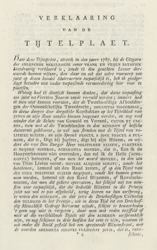 Explanation of the title page: De Bataafsche menschlijkheid, 1801-1804, text sheet, Text sheet with an explanation of the Orangist allegorical representation in which a Batavian as Hercules drives the monster of Discord to hell. Page printed on both sides. Used in work by Johannes le Francq van Berkhey from 1801-1804., writer (clerical worker): Johannes le Francq van Berkhey, Northern Netherlands, 1787, 1801 - 1804, writer (clerical worker), paper, letterpress printing, text in letterpress, height 225 mm x width 124 mm, Text sheet from: Johannes le Francq van Berkhey. De Bataafsche menschlijkheid. Leiden: Johannes van Thoir, 1801 or 1804., Restoration of Stadtholder William V (1787), Period, A sheet of aged paper with printed text in a serif typeface arranged in centered headings at the top followed by dense paragraphs of smaller type, the topmost heading set in widely spaced uppercase letters, a secondary centered line beneath it in smaller uppercase, and a larger word in uppercase wi...
