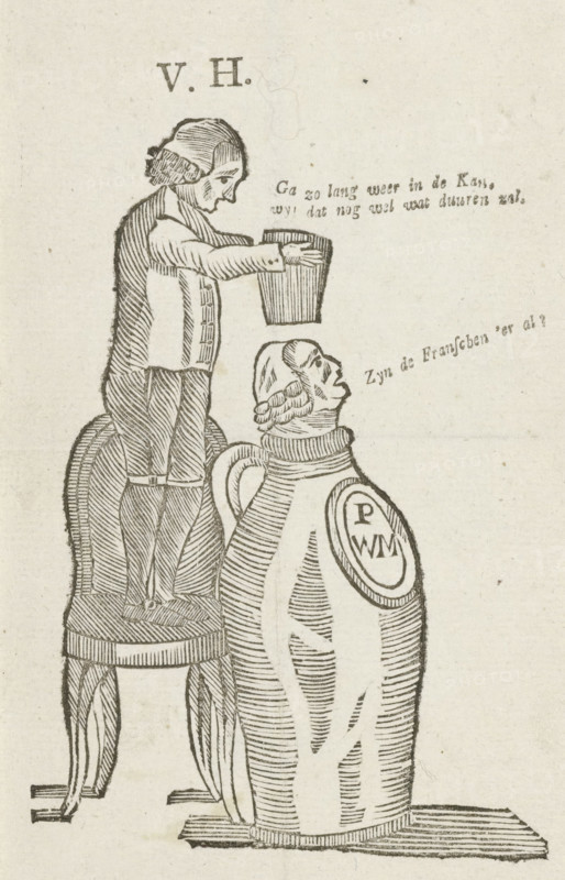 Caricature of Pieter Witmond, 1787, cartoon, print, Caricature of the Amsterdam patriot delegate and pottery seller Pieter Witmond, 1787. Only Witmond's head protrudes from a jug marked PWM. An unknown man (marked VH) stands on a chair behind the jug and wants to put the stopper in the jug. With inscriptions., printmaker, Northern Netherlands, paper, woodcut, letterpress printing, woodcut with text in letterpress, height 164 mm x width 105 mm, Person, Pieter Witmond, political caricatures and satires, container of ceramics: jar, jug, pot, vase, Restoration of Stadtholder William V (1787), Amsterdam, Period, A monochrome woodcut-style image showing a man standing on a stool and reaching into a bucket held above the head of a large jug with a human-like head; the standing figure wears a jacket and breeches with visible button details and has hair styled back, while the jug has a handle, a rounded body with striped shading, a collar around the neck, and a sculpted face looking upward; the...