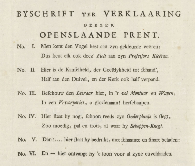 Caption for the Explanation of this Fold-Open Print, Text sheet accompanying the caricature of Johan Jacob le Sage ten Broek, 1787, cartoon, text sheet, Text sheet accompanying the caricature of the patriot preacher Johan Jacob le Sage ten Broek, dismissed by the Rotterdam city council after the restoration of the Prince of Orange, October 1787. Two-line verses numbered I-VI., writer (clerical worker): anonymous, Northern Netherlands, writer (clerical worker), paper, letterpress printing, text in letterpress, height 155 mm x width 185 mm, Person, Johan Jacob le Sage ten Broek, Restoration of Stadtholder William V (1787), Rotterdam, Period, 1787-10, A close-up of an aged, off-white printed page with dark serif type arranged in centered and left-aligned lines, showing variations in font weight and style, visible paper texture with small brown spots and slight discoloration, and well-defined margins.