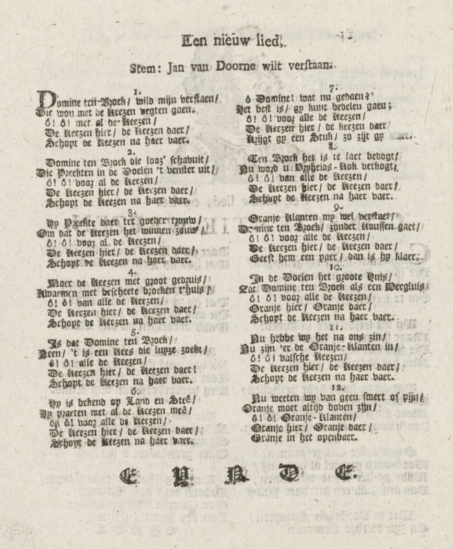 A new song, to those so-called Patriots, on the Patriotic Cartoonists, On the burnt-down Keeze- or Doghouse, on the Conscience-Being, Songs on the patriots, 1787, text sheet, song, Sheet with five satirical songs on the patriots, after the restoration of the Prince of Orange in 1787. Folded sheet with the text of five different songs, one song featuring a vignette with a man with a big nose., writer (clerical worker): anonymous, Northern Netherlands, writer (clerical worker), paper, letterpress printing, woodcut, text in letterpress with vignette in woodcut, height 205 mm x width 157 mm, Restoration of Stadtholder William V (1787), Period, A sheet of aged, off-white paper printed with dense columns of dark, ornate blackletter text, showing a larger stylized heading at the top and smaller blocks of verse or lines arranged in two main vertical columns, with occasional bold initial letters and ornamental typographic marks interspersed; the ink shows uneven printing and faint smudges in pl...