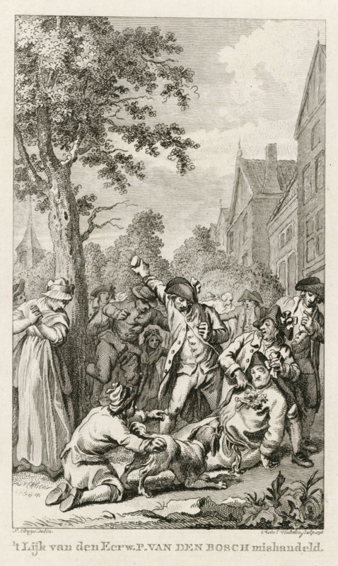 The body of the Reverend P. van den Bosch mishandled, Mishandling of the body of minister P. van den Bosch in Zoetermeer, 1787, print, historical print, Mishandling of the body of Leiden Remonstrant Patriot minister P. van den Bosch by Orangist supporters in Zoetermeer, November 1787., printmaker: Reinier Vinkeles (I), Northern Netherlands, after drawing by Jacobus Buys, 1798, paper, etching, engraving, etching and engraving, height 172 mm x width 111 mm, Used as illustration in: PA Loosjes. Vaderlandsche historie, vervattende de geschiedenissen, der Vereenigde Nederlanden, Ten onmiddelyken vervolge van Wagenaar's Vaderlandsche historie. Amsterdam: Johannes Allart, vol. 20., Person, P. van den Bosch, violation of the corpse, Patriottentijd (1780-1795), Zoetermeer, Period, 1787-11, A detailed black and white engraving shows a crowded outdoor scene with a large leafy tree on the left and a row of tall buildings on the right; in the foreground several men in period clothing surround a fig...