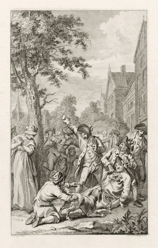 Mistreatment of the body of minister P. van den Bosch in Zoetermeer, 1787, print, historical print, Mistreatment of the body of Leiden Remonstrant Patriot minister P. van den Bosch by Orangists in Zoetermeer, November 1787., printmaker: Reinier Vinkeles (I), Northern Netherlands, after drawing by Jacobus Buys, 1798, paper, etching, engraving, etching and engraving, proof print before the letter, height 240 mm x width 155 mm, Used as illustration in: PA Loosjes. Vaderlandsche historie, vervattende de geschiedenissen, der Vereenigde Nederlanden, Ten onmiddelyken vervolge van Wagenaar's Vaderlandsche historie. Amsterdam: Johannes Allart, vol. 20., Person, P. van den Bosch, violation of the corpse, Patriottentijd (1780-1795), Zoetermeer, Period, 1787-11, A detailed monochrome engraving depicts a crowded outdoor scene with numerous figures gathered beneath tall trees and in front of multi-story buildings; men wear period coats and tricorn hats while a few women wear long dresses and bonnets...