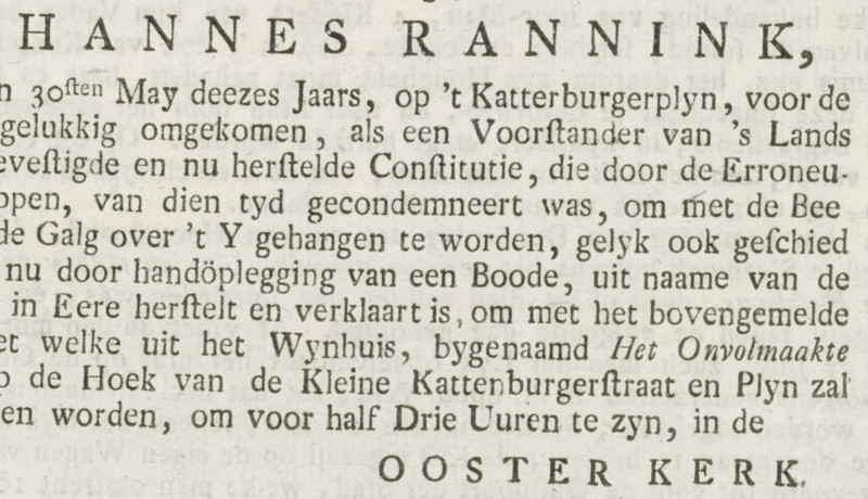 Funeral invitation of Johannes Rannink, invitation, text sheet, Funeral invitation with the invitation to attend the funeral on December 8, 1787, of Johannes Rannink, leader of the 'bijltjes', the rebellious Orangist Amsterdam ship carpenters who rose up against the patriotic city government on the island of Kattenburg, and who was killed in action on May 30, 1787. Cut from a newspaper, printed with text on the reverse side., printer (person), Amsterdam, paper, letterpress printing, text in letterpress, height 91 mm x width 129 mm, A section of aged paper with a block of printed serif text in dark ink, showing evenly spaced lines and varied font sizes, with larger bold letters across the top and a row of large letters centered near the bottom, the paper surface showing subtle discoloration and faint spots, and the ink exhibiting slight texture and unevenness where the letters meet the paper.