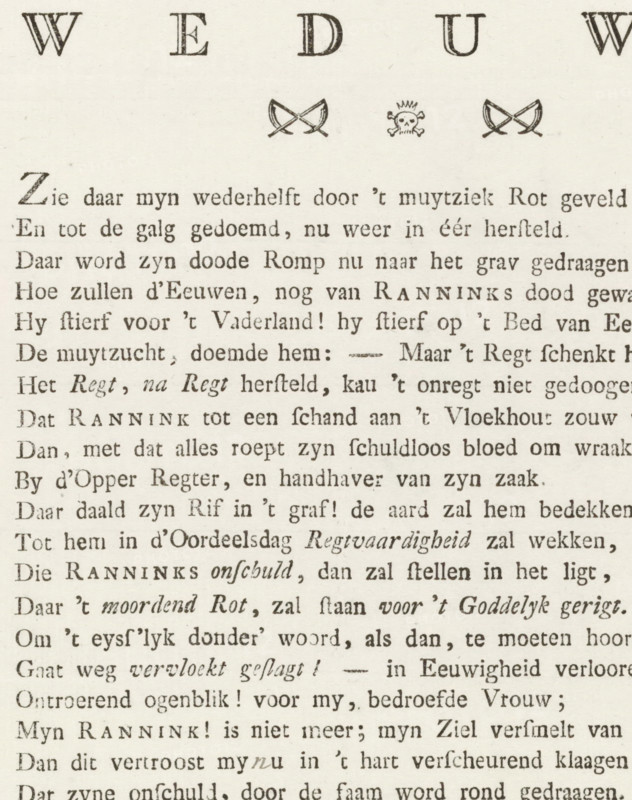 The Weeping Widow, Epitaph for Johannes Rannink, text sheet, poem, Sheet with an epitaph for Johannes Rannink, leader of the 'bijltjes', the rebellious Orangist Amsterdam ship carpenters who rose up against the patriotic city government on the island of Kattenburg. Killed in action on May 30, 1787 and buried on December 8, 1787. 22-line verse on the front of a double-folded sheet with mourning margins. On the reverse side, the sheet is addressed to Ploos van Amstel in Amsterdam., writer (clerical worker): anonymous, Northern Netherlands, 1787-12, writer (clerical worker), paper, letterpress printing, text in letterpress, height 224 mm x width 183 mm, Person, Cornelis Ploos van Amstel, Johannes Rannink, Kattenburg Uprising, Amsterdam, Kattenburg, Period, 1787-12-08, A close-up of a printed page showing rows of serifed text in a dark ink on a light textured paper, with a large decorative initial at the start of the top paragraph and a small row of ornamental symbols including crossed swo...