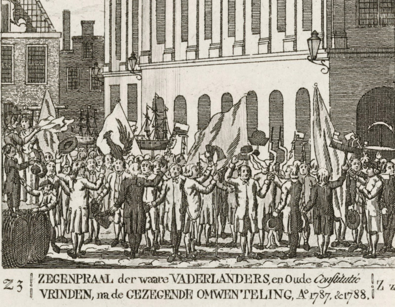 Zegenpraal der waare Vaderlanders, en Oude Constitutie Vrinden, na de Gezegende Omwenteling, Ao. 1787, & 1788, Viering van het herstel van de oude constitutie, 1787-1788, print, Viering in 1787 en 1788 van het herstel van de oude constitutie, het herstel van Stadhouder Willem V in 1787. Picture belonging to the letter Z from an ABC book., printmaker, Northern Netherlands, paper, etching, height 71 mm x width 85 mm, Used as illustration in: Vorstelyke koninglyke en princelyke atlas, en dagboek van Nederlandsche evenementen, in de laatste jaaren voorgevallen. En eerlijk vaderlandsch, AB boek. Amsterdam: Willem Coertse, 1790., public festivities at other royal events, not meant or mentioned above (parade, pageant, cavalcade, festive activities), Restoration of Stadtholder William V (1787), Period, 1787, 1788, A dense crowd of people stands in front of a row of tall buildings with arched openings and shuttered windows, many figures shown from the back or in profile raising hats, waving clo...