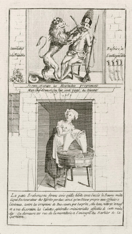 I shave and cut the mustaches properly, My Chief Engineer I made twenty on Thursday, 1787, Brabant lion shaves the Austrian, Brabant Revolution, 1787-1790, cartoon, print, The Brabant lion as a barber shaves an Austrian soldier with a saber. At the bottom, a Brabant woman washes the ministerial trousers. With French inscriptions. Part of a large group of prints relating to the events of the Brabant Revolution and the period 1787-1790., printmaker, Southern Netherlands, paper, etching, engraving, height 157 mm x width 87 mm, A vertical engraving divided into two main framed scenes, the upper scene showing a uniformed man seated on a chair with a tall feathered hat and a long musket resting beside him, while a standing lion with a mane places its front paws on the man's chest and appears to touch his face, a small dish on the floor near the lion's paws and decorative vertical lines in the background, and narrow side panels with small illustrations and text-like markings; the lower scene ...