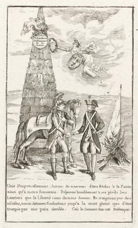 Monument in honor of the voluntary defenders of the Brabant fatherland, 1787, Brabant Revolution, 1787-1790, print, Allegory with a monument in honor of the voluntary defenders of the freedom of the Brabant fatherland, 1787. A horseman and an infantryman shake hands in front of the monument. Minerva hangs a laurel wreath on the monument. With a five-line French caption. Part of a large group of prints relating to the events of the Brabant Revolution and the period 1787-1790., printmaker, Southern Netherlands, paper, etching, engraving, height 152 mm x width 88 mm, A vertical engraved scene framed by a thin border shows a tall brick obelisk on the left with a cherub at its top and a round medallion attached to its side, while a winged female figure hovers in the sky to the right of the obelisk reaching out with a laurel wreath toward the obelisk and holding a shield. In the foreground two uniformed men face each other and clasp hands; one stands beside a saddled horse and wears a plumed...
