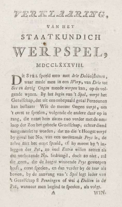 Explanation of the Political Throwing Game, MDCCLXXXVIII, Explanation of the board game about the patriots, 1788, text sheet, Text sheet with an explanation of the rules for the board game with caricatures of the patriots, 1788. Folded sheet printed on all sides., publisher: anonymous, Northern Netherlands, paper, letterpress printing, text in letterpress, height 230 mm x width 140 mm, Patriot Era (1780-1795), Period, A vertically oriented aged paper sheet with printed black serif type arranged in centered lines near the top and denser block text below, showing varying font sizes and spacing, a decorative larger heading near the top, a small dark circular stain left of center below the heading, faint impressions and paper texture visible across the page, slightly darker margins and subtle discoloration from age.