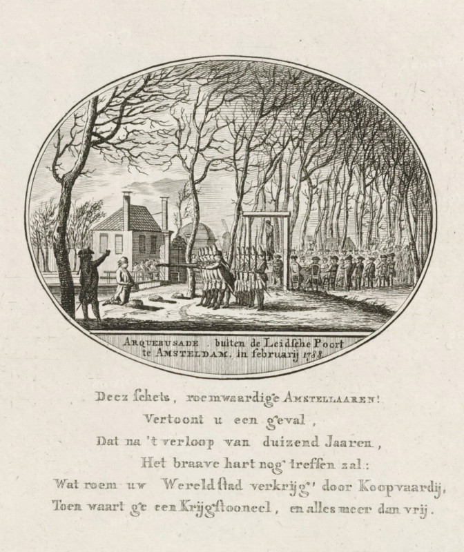 Arquebusade, outside the Leidse Poort in Amsterdam, in February 1788, Executions outside the Leidsepoort in Amsterdam, 1788, print, Executions by May's Swiss Regiment, outside the Leidsepoort in Amsterdam, February 1788. Council-martial in the open air, a condemned man hangs on the gallows, another kneels to the left before a firing squad. With six-line verse below the oval illustration., printmaker, Northern Netherlands, paper, etching, height 146 mm x width 125 mm, Used as an illustration in: De reizende gouverneur, of Wandelingen door Holland: zynde een handboek voor de Bataafsche jeugdlingschap. Amsterdam: Hendrik de Vries, 1794., execution, military disciplinary punishment, violent death by fusillade, military court, court-martial, Prussian invasion of the Republic, Amsterdam, Leidsepoort, Period, 1788-02, A circular engraving depicts a scene framed by a thin border with bare trees arching inward and a small building with a pitched roof and chimneys to the left, a group of uniform...