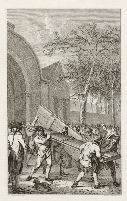 Removal of the doors of the city gate at Franeker, 1788, print, historical print, The removal of the doors of the city gate of Franeker, February 1788., printmaker: Reinier Vinkeles (I), Northern Netherlands, after drawing by Jacobus Buys, 1795 - 1797, paper, etching, engraving, etching and engraving, proof print before the letter, height 240 mm x width 158 mm, Used as illustration in: PA Loosjes. Vaderlandsche historie, vervattende de geschiedenissen, der Vereenigde Nederlanden, Ten onmiddelyken vervolge van Wagenaar's Vaderlandsche historie. Amsterdam: Johannes Allart, vol. 19 (1797)., Franeker, Period, 1788-02, A detailed black and white engraving shows a group of men carrying a large coffinlike box through an outdoor scene with bare trees and architectural arches. The men wear period clothing including hats, coats, and breeches, and several are shown straining to lift and balance the heavy object while others gesture or assist. A small dog stands on the ground near the men's feet. ...
