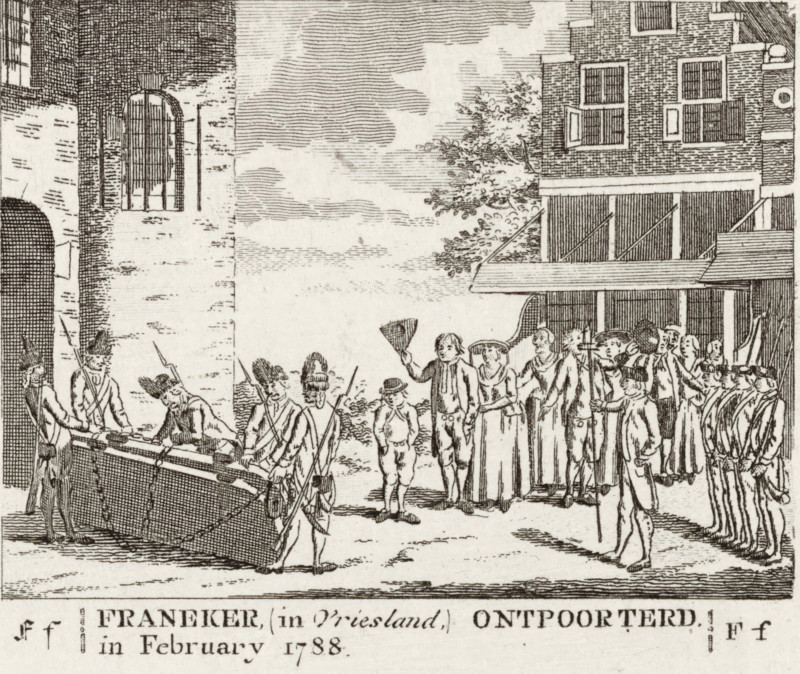 Franeker, (in Friesland, ) Deported in February 1788, Removal of the doors of the city gate in Franeker, 1788, print, The removal of the doors of the city gate of Franeker, February 1788. Picture belonging to the letter F from an ABC book., printmaker, Northern Netherlands, paper, etching, height 96 mm x width 122 mm, Used as an illustration in: Vorstelyke koninglyke en princelyke atlas, en dagboek van Nederlandsche evenementen, in de laatste jaaren voorgevallen. En eerlijk vaderlandsch, AB book. Amsterdam: Willem Coertse, 1790., Period, 1788-02, A detailed pen-and-ink scene shows a street with a group of people gathered in front of a row of brick buildings with shuttered windows and an awning, a tree partially visible behind them, and a tall arched window set into a large wall to the left; men in period clothing stand and gesture, some holding long poles or tools and one holding a hat aloft, while others appear to be working on or lifting a large chained chest or cart; figures include...