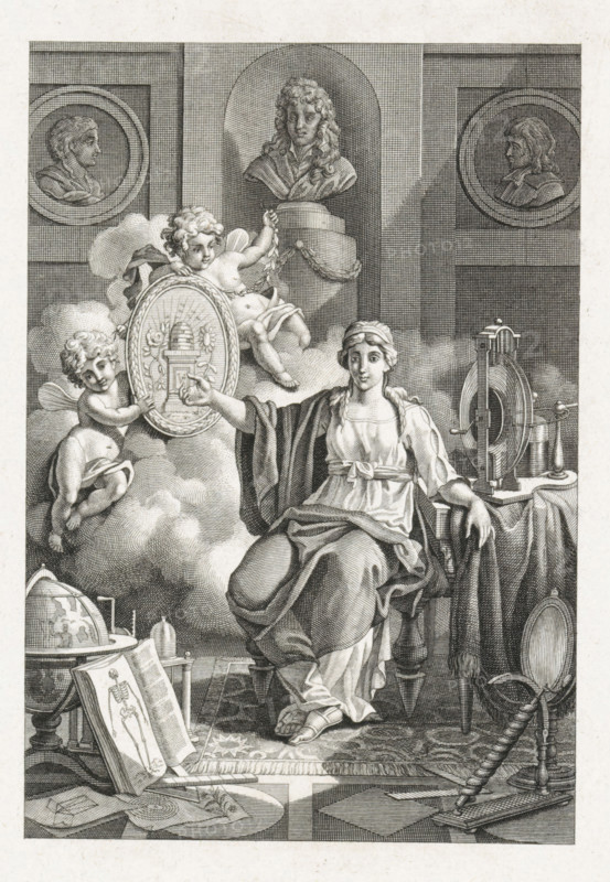 Physics in the Felix Meritis Society, 1789, print, Allegory of Physics practiced in the Felix Meritis Society in Amsterdam. Personification of Physics seated beside a table on which stands an electrostatic machine. On the floor a globe, books on anatomy, and other physics instruments. On the wall a bust of Christian Huygens and medallion portraits of Newton and Descartes. On the occasion of the inauguration of the 'Theatre for the Department of Natural Sciences' on November 20, 1789., printmaker: Noach van der Meer (II), Northern Netherlands, after drawing by Jacques Kuyper, 1789 - 1790, paper, etching, engraving, etching and engraving, proof print before the lettering, height 239 mm x width 155 mm, Used as an illustration in: Andreas Bonn. Speeches at the inauguration of the completed drawing room for the Department of Drawing, and of the lecture hall for the Department of Natural Sciences, in the building of the Felix Meritis Society in Amsterdam. Amsterdam: JC Sepp and A. Fokke Simo...