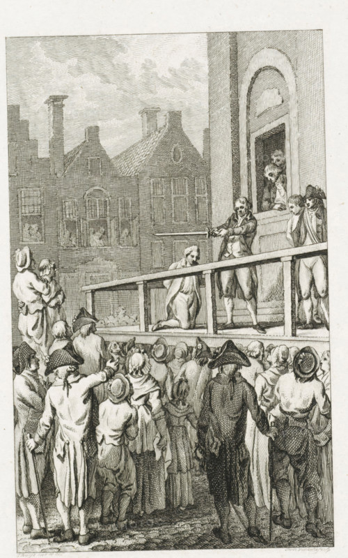 Execution of Mayor Cornelis van der Burgh in Leeuwarden, 1789, print, Execution of Cornelis van der Burg, outspoken patriotic mayor of Bolsward, in Leeuwarden on May 16, 1789. As the mayor kneels on the scaffold, the executioner holds the sword above his head and the death sentence is commuted to a banishment of twenty years., printmaker: Reinier Vinkeles (I), Northern Netherlands, after drawing by Jacobus Buys, 1799, paper, etching, engraving, etching and engraving, proof print before the letter, height 242 mm x width 146 mm, Used as illustration in: PA Loosjes. Patriotic history, containing the histories of the United Netherlands, in the immediate continuation of Wagenaar's Patriotic history. Amsterdam: Johannes Allart, vol. 22 (1799)., Person, Cornelis van der Burg, violent death by hanging, pardon, reprieve, Patriot Period (1780-1795), Leeuwarden, Period, 1789-01-24, A crowded outdoor scene shows a raised wooden platform attached to a building with an arched doorway, where several ...