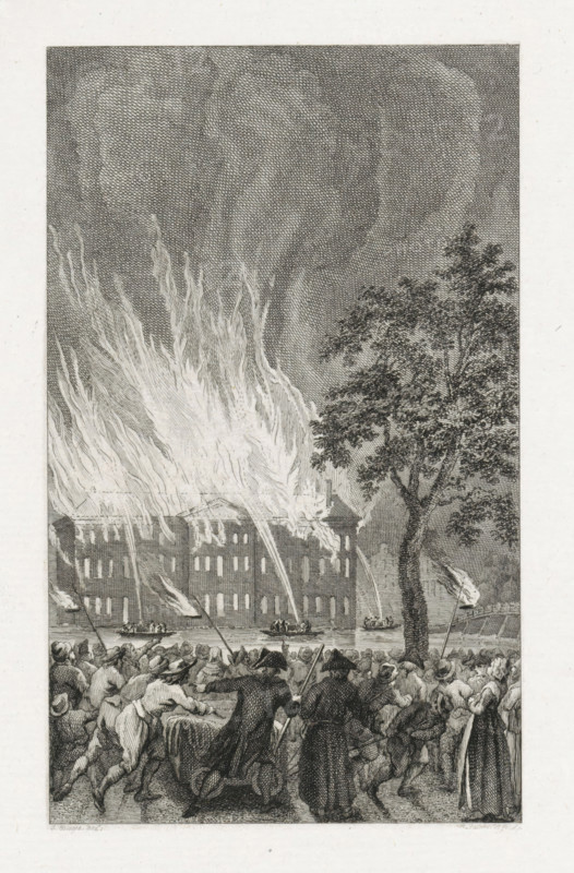 Fire in the National Naval Storehouse in Amsterdam, 1791, print, historical print, Great fire in the National Naval Storehouse in Amsterdam on July 6, 1791., printmaker: Reinier Vinkeles (I), Northern Netherlands, after drawing by Jacobus Buys, 1800, paper, etching, engraving, etching and engraving, proof print before the lettering, height 240 mm x width 160 mm, Used as illustration in: PA Loosjes. Vaderlandsche historie, vervattende de geschiedenissen, der Vereenigde Nederlanden, Ten onmiddelyken vervolge van Wagenaar's Vaderlandsche historie. Amsterdam: Johannes Allart, vol. 24 (1800)., on fire, ablaze, Fire in the National Naval Storehouse, Amsterdam, The National Naval Storehouse, Period, 1791-07-06, A crowded scene showing a large building engulfed in tall, bright flames that rise high into a dark, textured sky, with streams of water arcing toward the fire from boats on a body of water in front of the building; a tree stands to the right with dense foliage, and a dense group of pe...