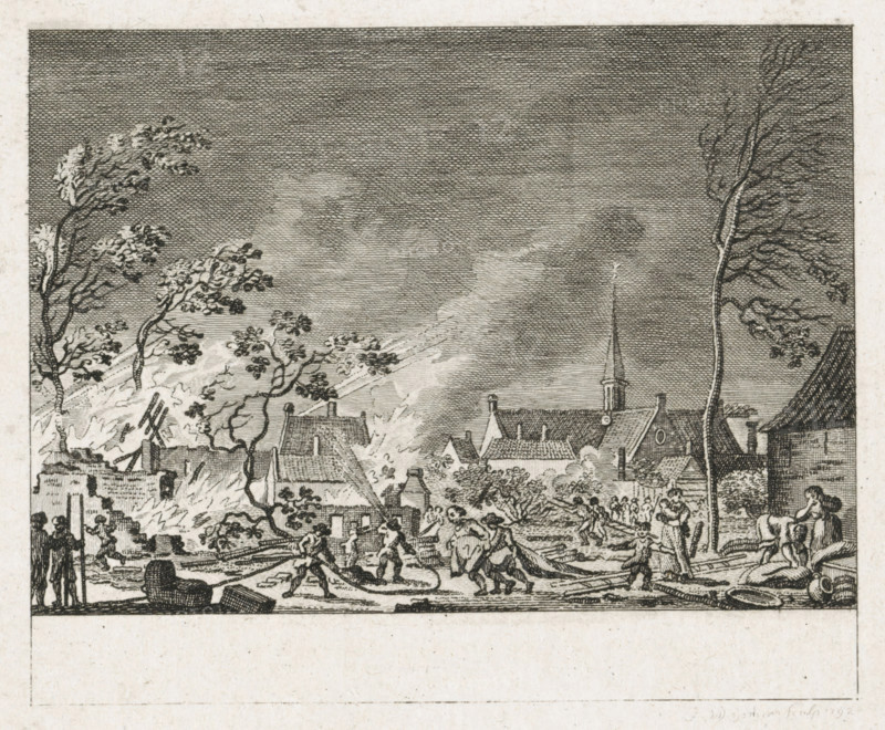 Fire in Amstelveen, 1792, print, Great fire in Amstelveen on June 25, 1792., printmaker: Cornelis Brouwer, Northern Netherlands, paper, etching, engraving, etching and engraving, proof print before the letter, height 107 mm x width 127 mm, Used as illustration in: Arend Fokke Simonsz. De vaderlandsche historie in themata. Amsterdam: Arend Fokke Simonsz., editions between 1783-ca. 1792 and in: Nieuwe vaderlandsche almanach, for the year MDCCXCIII, Amsterdam: Arend Fokke Simonsz., on fire, ablaze, Amstelveen, Period, 1792-06-25, A detailed monochrome engraving showing a village scene with rooftops and a church steeple rising toward a textured sky, trees with windswept branches framing the composition, several small buildings and chimneys clustered together, figures scattered across the foreground engaged in various activities including some pulling or carrying long objects and others standing near tools, a few animals including a horse, piles of debris and wooden beams on the ground, and...