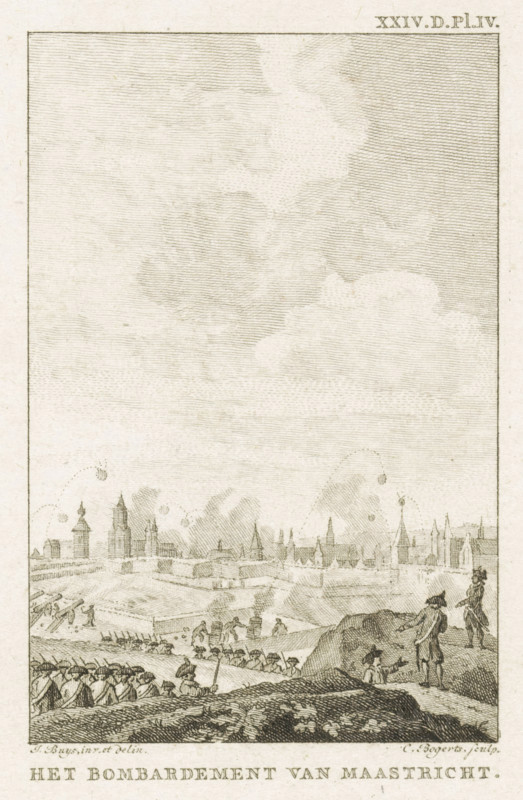 The Bombardment of Maastricht, Bombardment of Maastricht, 1793, print, Bombardment of Maastricht by the French army, February 24, 1793. Marked upper right: XXIV.D.Pl.IV., printmaker: Cornelis Bogerts, Northern Netherlands, after drawing by Jacobus Buys, 1793 - 1795, paper, etching, engraving, etching and engraving, height 128 mm x width 98 mm, Used as illustration in: J. Fokke, Geschiedenissen der Vereenigde Nederlanden voor de vaderlandsche jeugd, Johannes Allart, Amsterdam 1783-1795, 25 volumes, vol. 24, pl. 4., bombardment, siege, Maastricht, Period, 1793-02-24, A tall, narrow engraved scene shows a cloudy sky above a distant town skyline with towers and spires rising along the horizon. In the foreground, rows of uniformed soldiers stretch across a sloped field, many wearing tricorn hats and facing toward the town, while a few figures stand on rocky ground at the right edge, one with a staff or pole and another gesturing. Between foreground and town are open earthworks, trenches, an...