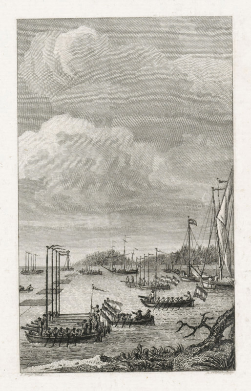 Gunboats in the Dordtsche Kil, 1793, print, historical print, The closure of the Dordtsche Kil with rafts, gunboats and several other vessels on March 29, as a defense against the French., printmaker: Reinier Vinkeles (I), Northern Netherlands, after drawing by Jacobus Buys, after print by Carel Frederik Bendorp (I), after drawing by Martinus Schouman, 1800, Carel Frederik Bendorp (I), after print by, paper, etching, engraving, etching and engraving, proof print before the letter, height 240 mm x width 157 mm, rowing-boat, canoe, chains across waterway, First Coalition War, maritime history, Dordtse Kil, Period, 1793-03-29, A vertical black and white engraving showing a busy waterfront scene with numerous small rowboats and larger sailing vessels on calm water, a wooden pier extending into the water with people aboard and near its edge, flags flying from several masts, and clusters of oarsmen in boats; the shoreline in the foreground has textured ground and low vegetation, and a leanin...