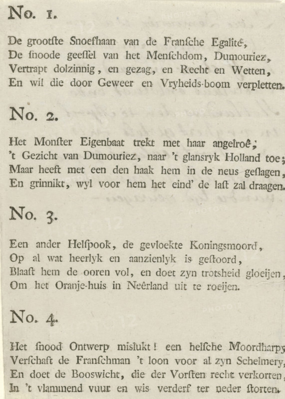 Text sheet accompanying the fold-out caricature of Dumouriez, 1793, cartoon, text sheet, Text sheet accompanying the fold-out caricature of the fall of General Charles François Dumouriez. Four verses numbered No. 1-4. With handwriting on verso., printer (person), Northern Netherlands, paper, letterpress printing, text in letterpress, height 165 mm x width 120 mm, Person, Charles François Dumouriez, First Coalition War, France, Period, The image shows a portion of an aged printed page with multiple paragraphs of serif text in a language other than English. The paper has a yellowed, slightly spotted texture and visible fiber grain. Large bold headings appear at intervals, followed by smaller body text set in regular serif type. The ink tone varies slightly, with some letters appearing darker and others lighter. The left margin shows short horizontal impressions and the text columns are aligned flush left with ragged right edges. There are faint creases and small smudges on the paper surf...