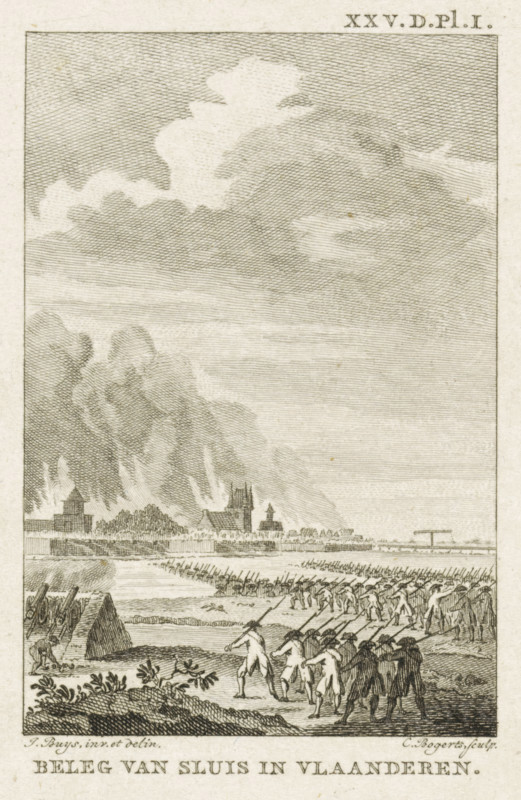 Siege of Sluis in Flanders, Siege of Sluis, 1794, print, Sluis, besieged and captured by the French on August 25, 1794. Marked upper right: XXV.D.Pl.I., printmaker: Cornelis Bogerts, Northern Netherlands, after drawing by Jacobus Buys, 1794 - 1795, paper, etching, engraving, etching and engraving, height 127 mm x width 100 mm, Used as illustration in: J. Fokke, Geschiedenissen der Vereenigde Nederlanden voor de vaderlandsche jeugd, Johannes Allart, Amsterdam 1783-1795, 25 volumes, vol. 25, pl. 1., siege, position war, First Coalition War, Period, 1794-08-25, A vertical engraved scene showing a shoreline with rows of figures in uniformed formation holding long poles or muskets, some advancing from the foreground toward the middle distance. In the foreground a small group of bareheaded men stand with long poles and a few crouch near a low earthen rampart with cannons visible behind. Midground shows water and a stretch of marshy land with reeds, and a distant fortified settlement with clu...