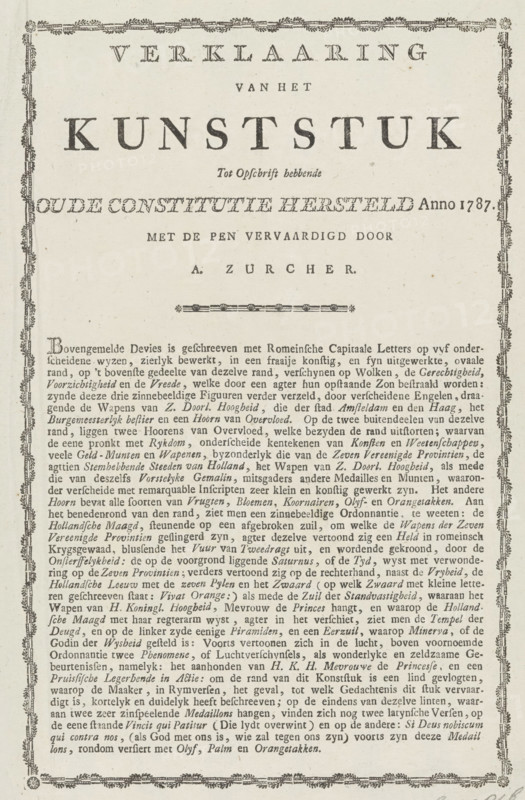 Explanation accompanying the allegory on the restoration of the Stadtholder, 1787, Explanation of the Artwork Having the Inscription on the Old Constitution Restored in the Year 1787, text sheet, Text sheet with an explanation of the representation of the print with the allegory on the restoration of Stadtholder William V in 1787., publisher: anonymous, Northern Netherlands, paper, letterpress printing, text in letterpress, height 300 mm x width 190 mm, Restoration of Stadtholder William V (1787), Period, A rectangular printed sheet with a decorative floral border around the edges and a large bold title line near the top in a dark serif typeface. Below the title is a smaller line of text in a lighter serif style, followed by a prominent wide word in heavy uppercase letters centered on the page. Additional short lines of varying serif type appear beneath this, including one centered name with spaced letters and a small ornamental divider. The lower half of the page is filled with dense ...
