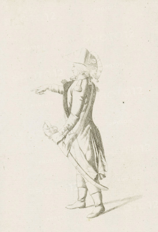Pointing French officer, French infantry in the Netherlands in 1795, print, A pointing French officer, saber in hand. Part of a series of fifteen plates of French infantry, mainly soldiers and a few officers, in irregular uniform or clothing, as it arrived in the Republic in 1795., printmaker: August Christian Hauck, Northern Netherlands, printmaker: Cornelis Bakker, 1795, paper, etching, engraving, etching and engraving, height 155 mm x width 105 mm, These plates belong to a larger group of which the Atlas van Stolk also has a part (colored)., clothes, costume, (military) uniforms (infantry), French period, infantry, Period, A pencil or ink drawing of a standing figure in profile facing left, wearing a tricorne hat with decorative elements and a tied ribbon at the back, a long coat with buttons and a cape draped over the shoulders, knee-high boots, and holding a sheathed sword by the hilt in the left hand while the right arm is extended and pointing.