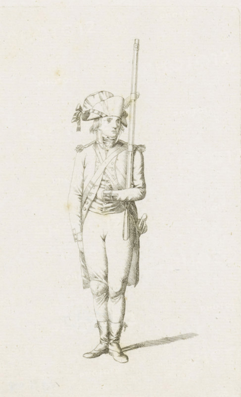 Standing French soldier, French infantry in the Netherlands in 1795, print, A standing French soldier. Part of a series of fifteen plates of French infantry, mainly soldiers and a few officers, in irregular uniform or clothing, as it arrived in the Republic in 1795., printmaker: August Christian Hauck, Northern Netherlands, printmaker: Cornelis Bakker, 1795, paper, etching, engraving, etching and engraving, height 155 mm x width 105 mm, These plates belong to a larger group of which the Atlas van Stolk also has a part (colored)., clothes, costume, (military) uniforms (infantry), French period, infantry, Period, A finely detailed pencil or ink drawing of a standing figure in historical military dress, shown full length against a plain textured background, wearing a tricorne-style hat with ribbons and a long coat with shoulder epaulettes, a crossbelt across the chest, a waistcoat with buttons, fitted breeches, and boots with tied straps, holding a long musket upright with one hand while ...