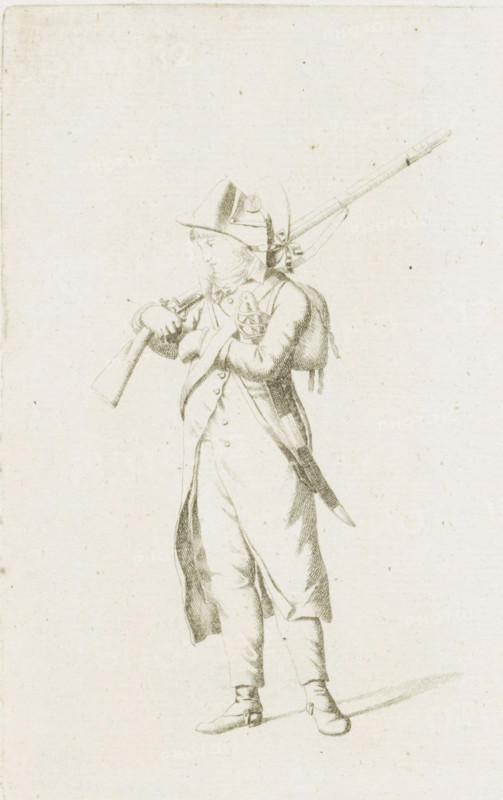 Standing French soldier, French infantry in the Netherlands in 1795, print, A standing French soldier, facing left. Part of a series of fifteen plates of French infantry, mainly soldiers and a few officers, in irregular uniform or clothing, as it arrived in the Republic in 1795., printmaker: August Christian Hauck, Northern Netherlands, printmaker: Cornelis Bakker, 1795, paper, etching, engraving, etching and engraving, height 155 mm x width 105 mm, These plates belong to a larger group of which the Atlas van Stolk also has a part (colored)., clothes, costume, (military) uniforms (infantry), French period, infantry, Period, A delicate pencil drawing of a standing figure wearing a brimmed hat with a ribbon, a long coat with visible buttons, breeches, and buckled shoes, holding a long firearm slung over the shoulder and gripping its stock with one hand while the other arm crosses the chest, a knapsack or bag is strapped on the back and a sword or bayonet hangs at the side, all rendered i...