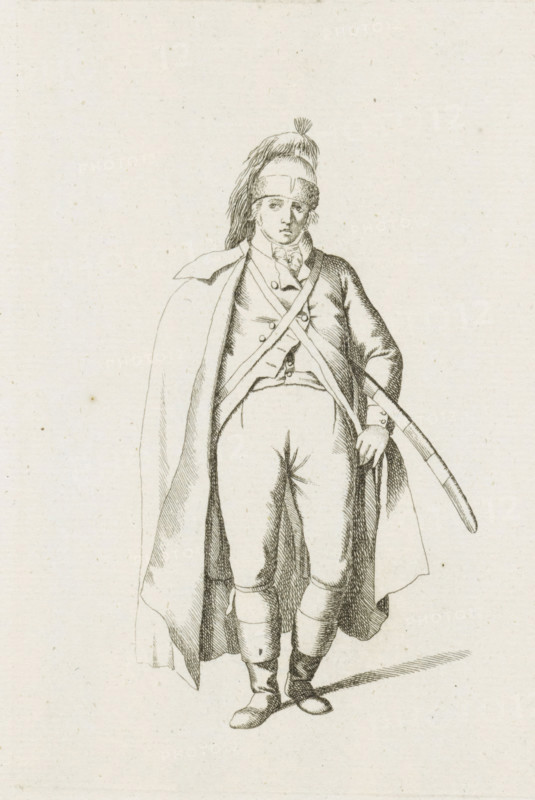 Standing French soldier, French infantry in the Netherlands in 1795, print, A standing French soldier, from the front. Part of a series of fifteen plates of French infantry, mainly soldiers and a few officers, in irregular uniform or clothing, as it arrived in the Republic in 1795., printmaker: August Christian Hauck, Northern Netherlands, printmaker: Cornelis Bakker, 1795, paper, etching, engraving, etching and engraving, height 155 mm x width 105 mm, These plates belong to a larger group of which the Atlas van Stolk also has a part (colored)., clothes, costume, (military) uniforms (infantry), French period, infantry, Period, A black and white line drawing of a standing figure wearing a tall, tasseled hat and a cloak draped over the shoulders, with long hair visible under the hat. The figure has a buttoned coat with crossed straps across the chest and a scarf or cravat at the neck, and one hand rests near the hip while the other holds a curved object. The lower garments include fitted...