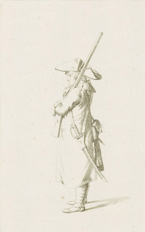 Standing French soldier, French infantry in the Netherlands in 1795, print, A standing French soldier, facing left. Part of a series of fifteen plates of French infantry, mainly soldiers and a few officers, in irregular uniform or clothing, as it arrived in the Republic in 1795., printmaker: August Christian Hauck, Northern Netherlands, printmaker: Cornelis Bakker, 1795, paper, etching, engraving, etching and engraving, height 155 mm x width 105 mm, These plates belong to a larger group of which the Atlas van Stolk also has a part (colored)., clothes, costume, (military) uniforms (infantry), French period, infantry, Period, A detailed sepia-toned line drawing of a standing soldier shown in profile facing left, wearing a wide-brimmed tricorne hat and a long coat with a high collar, his arms folded across his chest as a long musket rests on his shoulder and extends upward behind his head, a sheathed sword hangs at his side with a curved hilt visible and a satchel or pouch strapped to his...