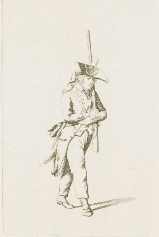 Standing French soldier, French infantry in the Netherlands in 1795, print, A French soldier, walking to the right. Part of a series of fifteen plates of French infantry, mainly soldiers and a few officers, in irregular uniform or clothing, as it arrived in the Republic in 1795., printmaker: August Christian Hauck, Northern Netherlands, printmaker: Cornelis Bakker, 1795, paper, etching, engraving, etching and engraving, height 155 mm x width 105 mm, These plates belong to a larger group of which the Atlas van Stolk also has a part (colored)., clothes, costume, (military) uniforms (infantry), French period, infantry, Period, A finely detailed line drawing of a soldier standing and leaning on a long musket held upright, wearing a tricorn hat with a feather and a ribbon, a double-breasted coat with visible buttons and a crossbody strap, knee-length breeches and buckled shoes, a cartridge box and a sheathed bayonet or sword at his waist, with visible folds and shading in the clothing and a...