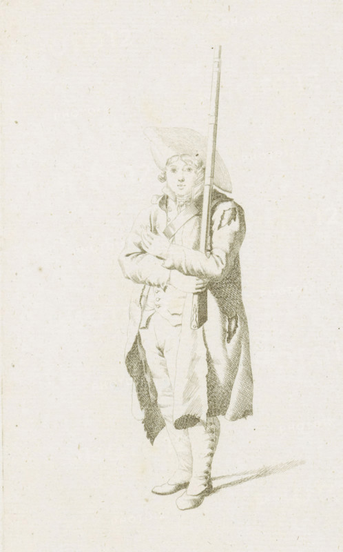 Standing French soldier, French infantry in the Netherlands in 1795, print, A standing French soldier. Part of a series of fifteen plates of French infantry, mainly soldiers and a few officers, in irregular uniform or clothing, as it arrived in the Republic in 1795., printmaker: August Christian Hauck, Northern Netherlands, printmaker: Cornelis Bakker, 1795, paper, etching, engraving, etching and engraving, height 155 mm x width 105 mm, These plates belong to a larger group of which the Atlas van Stolk also has a part (colored)., clothes, costume, (military) uniforms (infantry), French period, infantry, Period, A pale, finely detailed ink drawing of a standing young person wearing a wide-brimmed hat and a long coat, holding a long musket upright against their shoulder, with one arm crossed over their chest and the other supporting the firearm; the figure wears a buttoned waistcoat and breeches, has short curled hair visible under the hat, and casts a faint shadow on the ground.