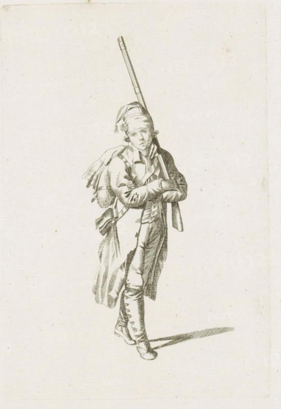 Standing French soldier, French infantry in the Netherlands in 1795, print, A standing French soldier, facing right. Part of a series of fifteen plates of French infantry, mainly soldiers and a few officers, in irregular uniform or clothing, as it arrived in the Republic in 1795., printmaker: August Christian Hauck, Northern Netherlands, printmaker: Cornelis Bakker, 1795, paper, etching, engraving, etching and engraving, height 155 mm x width 105 mm, These plates belong to a larger group of which the Atlas van Stolk also has a part (colored)., clothes, costume, (military) uniforms (infantry), French period, infantry, Period, A sketch of a standing figure wearing a long coat, a sash, and high buttoned boots, holding a long musket upright over the shoulder with arms crossed, a small pack slung on the back, a cap with a tassel and a decorative rosette, and a faint shadow on the ground.