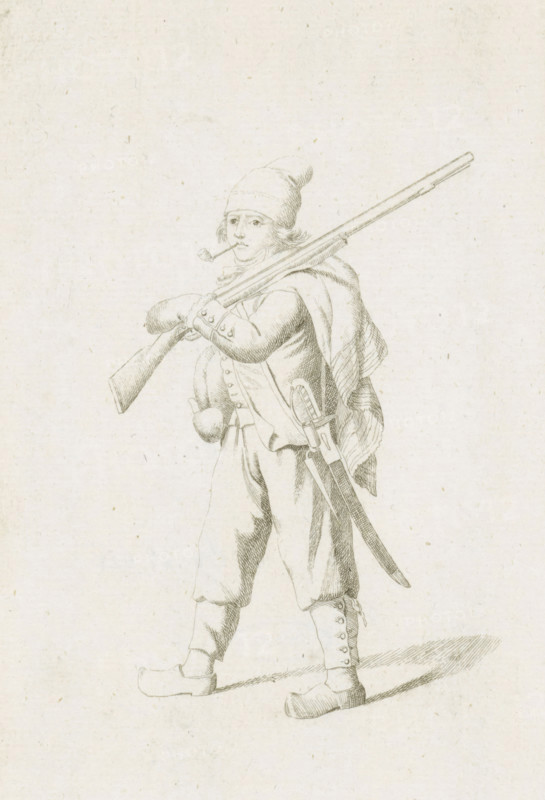 Standing French soldier, French infantry in the Netherlands in 1795, print, A French soldier, walking to the left, with a pipe. Part of a series of fifteen plates of French infantry, mainly soldiers and a few officers, in irregular uniform or clothing, as it arrived in the Republic in 1795., printmaker: August Christian Hauck, Northern Netherlands, printmaker: Cornelis Bakker, 1795, paper, etching, engraving, etching and engraving, height 155 mm x width 105 mm, These plates belong to a larger group of which the Atlas van Stolk also has a part (colored)., clothes, costume, (military) uniforms (infantry), French period, infantry, Period, A pencil drawing of a standing figure wearing a soft hat and a cloak draped over one shoulder, holding a long firearm across the shoulder with one hand and a pipe in the mouth, dressed in a buttoned coat with visible buttons, loose trousers tucked into buttoned gaiters, simple shoes, and a belt with a sheathed sword hanging at the side; the figure casts ...