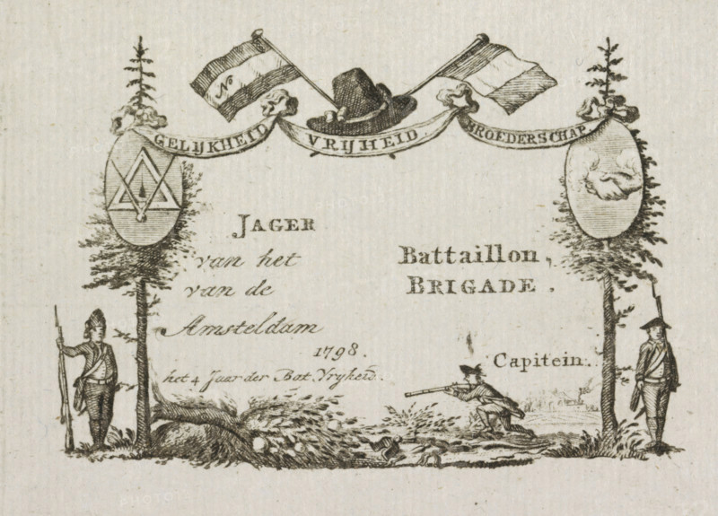 Membership certificate for the Amsterdam Hunters Battalion, 1798, print, membership certificate, Unfilled membership certificate for the Amsterdam Hunters Battalion, 1798. Vignette with two trees containing symbols of Equality and brotherhood, under both trees a standing soldier on guard. In the middle an uprooted Orange tree., printmaker, Netherlands, paper, etching, engraving, etching and engraving, height 71 mm x width 100 mm, guard duty, keeping sentry, French period, hunters, Amsterdam, Period, A black and white engraved scene showing two tall slim trees at the left and right edges with oval medallions hanging from their trunks, a ribbon stretched between the trees with a hat at its center and two flags crossing above it, two uniformed soldiers standing at attention beside each tree holding long muskets, a kneeling soldier aiming a musket in the ground between them near a fallen tree trunk and scattered branches, and decorative foliage and ground details throughout.
