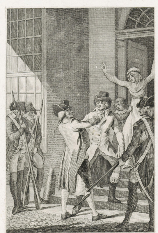 Arrest of SJ van Langen, 1798, print, Arrest of Stephanus Jacobus van Langen, member of the Executive Council, in front of his house. Standing in the doorway are his wife and son, June 12, 1798. On charges of self-enrichment., printmaker, Netherlands, paper, etching, engraving, etching and engraving, proof print before the letter, height 212 mm x width 149 mm, Illustration for an unknown work., Person, Executive Council (January 22-June 12, 1798), Stephanus Jacobus van Langen, arrest (of criminal), French period, The Hague, Period, 1798-06-12, A monochrome engraving shows a scene on stone steps before a doorway with an arched transom, featuring several men in period dress with tricorne hats and long coats; one man is grasping another man by the collar while that man looks distressed and leans backward, a woman stands in the open doorway behind them with her arms raised and an anguished expression, two armed men in uniform stand to the left holding long muskets with bayonets, and anothe...