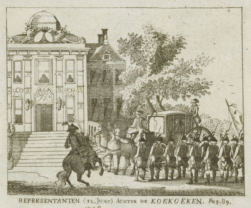 Representatives (June 12) Behind the Cuckoos, Huis ten Bosch with the arrested members of the Executive Council, 1798, print, View of Huis ten Bosch in which the members of the Executive Council arrested on June 12, were imprisoned. In front of the house is a carriage in which Abraham Staal is being transported from Leeuwarden. Wooden screens, the so-called 'cuckoos', stand in front of the windows of the house. With reference to Page. 89., printmaker, Netherlands, paper, etching, height 108 mm x width 129 mm, Used as illustration in: Historical almanac for the year 1800., Person, Executive Government (January 22–June 12, 1798), transport (or arrested person), French period, The Hague, Huis ten Bosch Palace, Period, 1798-06-12, A detailed ink drawing shows a classical building facade with decorative elements at its roofline and framed windows, a broad set of steps leading to an ornate entrance, and an adjacent smaller building with a pitched roof and chimneys; in front of the buildings ...