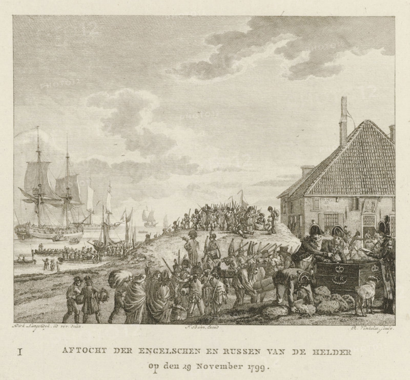 Retreat of the British and Russians from Den Helder, 1799, Retreat of the English and Russians from Den Helder On November 29, print, The soldiers of the British-Russian invasion force leave Den Helder on November 29, 1799. In the foreground, a large chest with the crowned monogram GR is being packed. In the background, troops depart in sloops to the waiting ships. Marked lower left with the letter I., printmaker: Reinier Vinkeles (I), Netherlands, after drawing by Dirk Langendijk, Den Helder, publisher: François Bohn, Haarlem, 1800 - 1802, paper, etching, engraving, etching and engraving, stated on the print as a proof, height 221 mm x width 275 mm, Used as an illustration in: LC Vonk. History of the landing of the Anglo-Russian army in North Holland, as well as the military operations and political events, both there and in Friesland and Gelderland, 2 vols, 1801-1802., transport, train (military) (sailing-ships), British-Russian expedition to North Holland, Period, 1799-11-29, A deta...