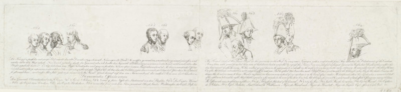 Key to the print of the death of General Bussche, 1794, print, historical print, Key to the print of the death of General Georg Wilhelm Bussche, December 11, 1794 (should be November 7) during fighting with the French troops on the banks of the Waal at the capture of Nijmegen. Heads of the most important persons in the painting with a description of the events and a legend with the names in German and English., printmaker: Johann Gerard Huck, Hanover, 1801-09-01, Lower Saxony, paper, etching, height 135 mm x width 650 mm, Person, Georg Wilhelm Bussche, historical persons (portraits and scenes from the life), Capture of Nijmegen by the French (1794), Nijmegen, Rhine, Waal (river), Period, 1794-11-07, 1794-12-11, A wide, pale sheet with a series of small, finely drawn pencil or ink portrait sketches arranged across its length, each sketch showing head-and-shoulder views of men in varied period military or formal attire, some wearing tall plumed hats and bicorne hats, others with short ha...
