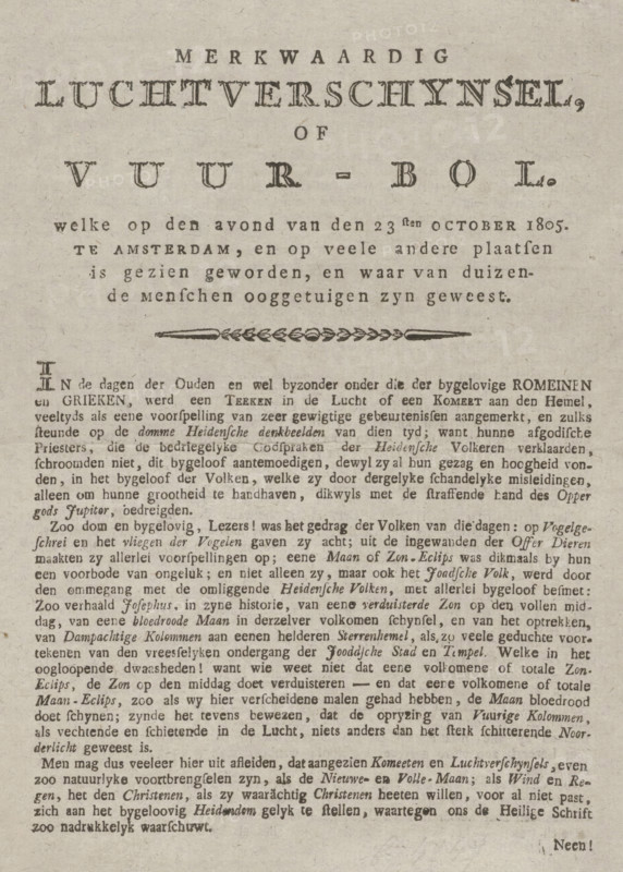 Remarkable Aerial Phenomenon, or Fireball. which on the evening of the 23rd of October 1805. in Amsterdam .., Pamphlet about the aerial phenomenon in Amsterdam, 1805, text sheet, Pamphlet about the remarkable aerial phenomenon that was visible on the evening of October 23, 1805 above Amsterdam, and other places. Folded sheet printed on all four sides. On the last side a song., printer (person): Martinus van Kolm, Amsterdam, 1805-10 - 1805-11, printer (person), paper, letterpress printing, text in letterpress, height 205 mm x width 165 mm, astronomical phenomena, good and bad weather, Period, 1805-10-23, A sheet of aged paper with printed text in a serif typeface arranged in a centered heading area above a decorative horizontal flourish and dense paragraphs of smaller printed lines below, the paper showing a warm beige tone with subtle spotting and fiber texture, darker inked letters forming bold ornamental title lines and lighter body text, margins visible at the edges, and an overall ...